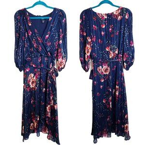 DKNY Women's Asymmetrical Hem Faux Wrap Floral Holiday Dress - Size 16